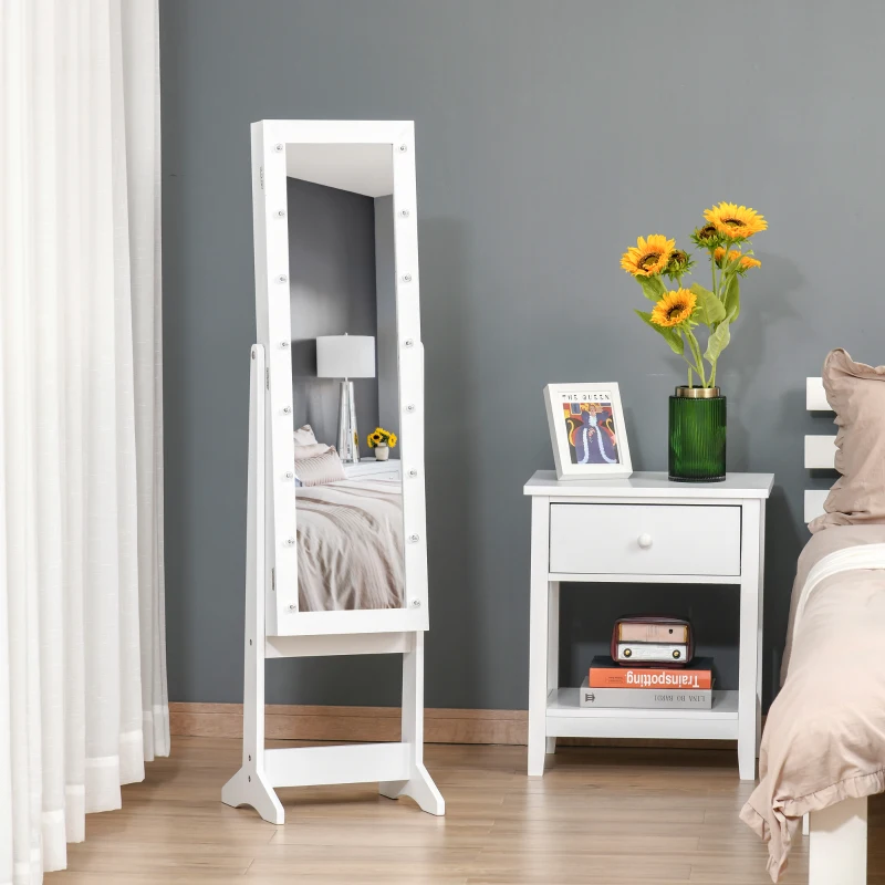 HOMCOM Free Standing LED Mirrored Jewelry Cabinet Armoire Floor Organiser W/ 3 Angle Adjustable For Rings Earrings Bracelets Cosmetics Warm White