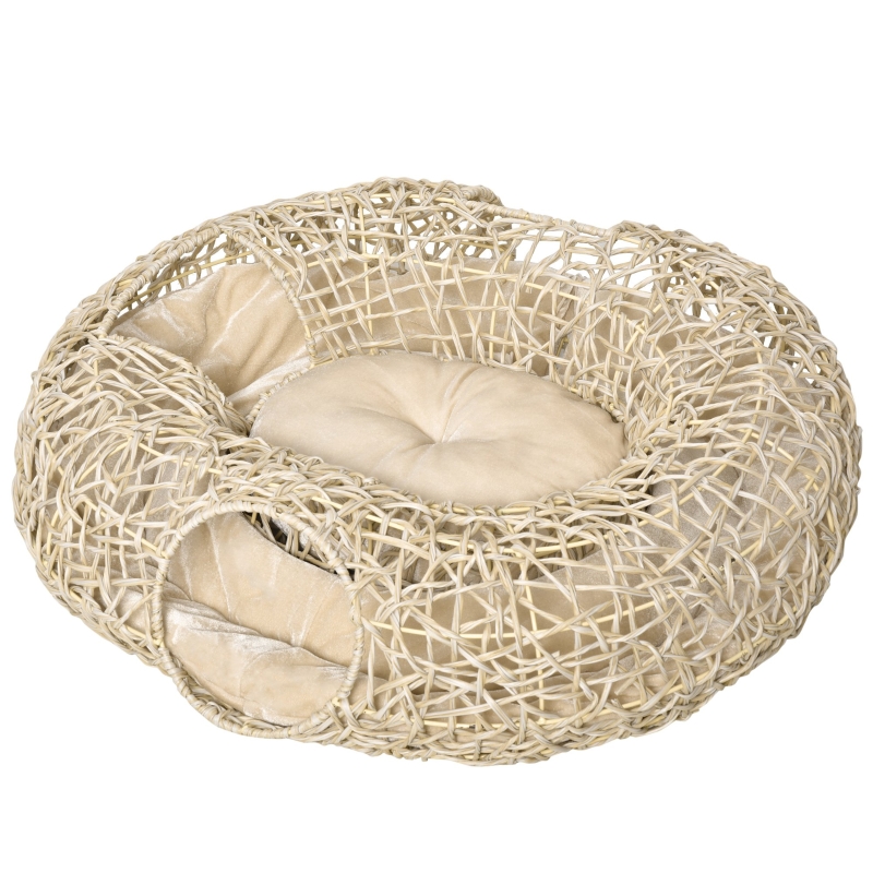 PawHut Cueva para Gatos de Ratán 78x69x22 cm Cesta para Gatos Rolliza con Cojín Suave 3 Orificios de Acceso y Canal de Anillo Natural