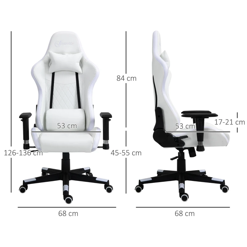 Vinsetto Silla Gaming Ergonómica Silla para Gamers Profesional Reclinable y Ajustable en Altura con Reposacabezas Cojín Lumbar Luz LED y Control Remoto 68x68x126-136 cm Blanco y Negro