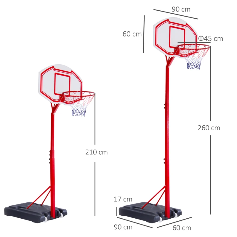 HOMCOM Tabela de basquetebol  com altura ajustável de 210-260 cm suporte de metal e base recarregável para crianças e adultos vermelho
