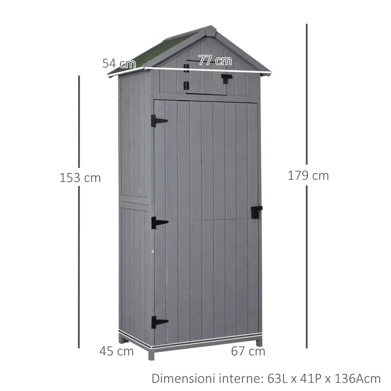 Outsunny Casetta in Legno da Giardino con Tetto Impermeabile, Armadio da Esterno Porta Attrezzi da Giardino con 3 Mensole, 77×54.2×179cm