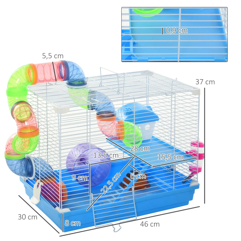 Pawhut 2 Tier Hamster Cage Carrier Habitat Small Animal House with Exercise Wheels Tunnel Tube Water Bottle Dishes House Ladder for Dwarf Mice, Blue