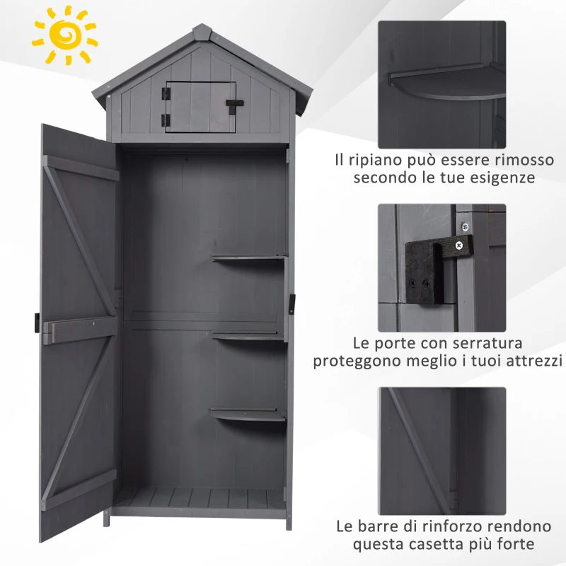 Outsunny Casetta in Legno da Giardino con Tetto Impermeabile, Armadio da Esterno Porta Attrezzi da Giardino con 3 Mensole, 77×54.2×179cm