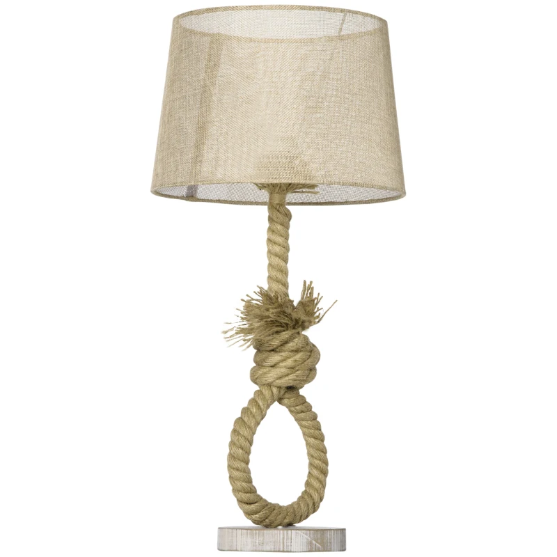 HOMCOM Nautical Table Lamp, Farmhouse Bedside Lamp with Knotted Rope and Fabric Lampshade for Bedroom, Study, Living Room, Beige