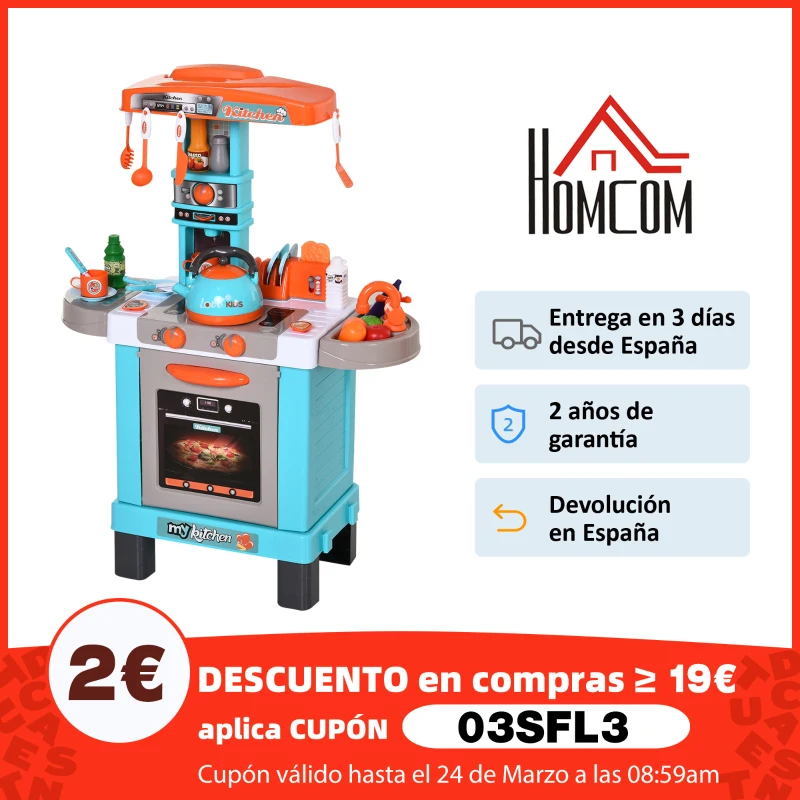 HOMCOM Kids Kitchen Play Set Children Chef Play Game Toy Cook Bake Boil w/ 33Pc Toy Accessories, Light, Sound - Blue