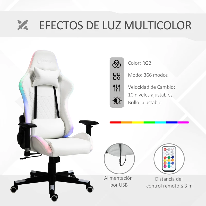 Vinsetto Silla Gaming Ergonómica Silla para Gamers Profesional Reclinable y Ajustable en Altura con Reposacabezas Cojín Lumbar Luz LED y Control Remoto 68x68x126-136 cm Blanco y Negro