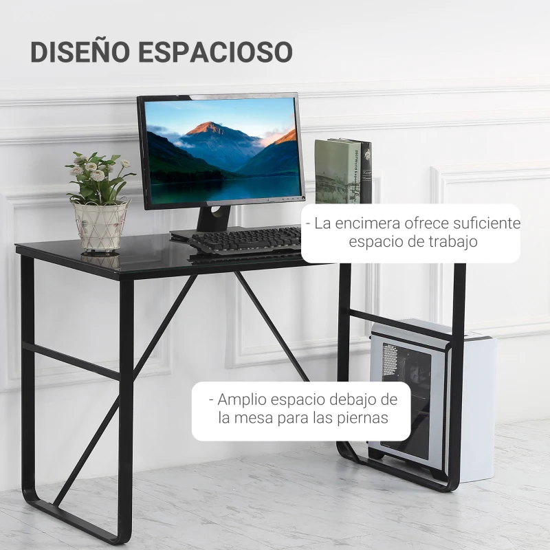HOMCOM Escritorio Mesa de Ordenador 120x60x74,5 cm con Tablero de Vidrio Templado y Patas de Metal Carga 80 kg Estilo Moderno para Oficina Estudio Dormitorio Negro