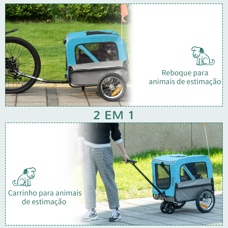 PawHut Reboque de Bicicleta para Cães 2 em 1 Carrinho para Animais de Estimação com Cinto de Segurança Guiador de Empurre Removível Bandeira e Refletores Carga Máxima 10kg 129x55,5x92cm Azul