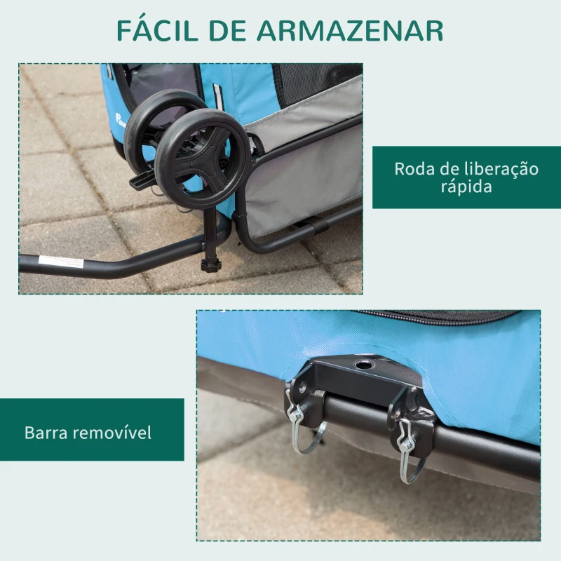 PawHut Reboque de Bicicleta para Cães 2 em 1 Carrinho para Animais de Estimação com Cinto de Segurança Guiador de Empurre Removível Bandeira e Refletores Carga Máxima 10kg 129x55,5x92cm Azul