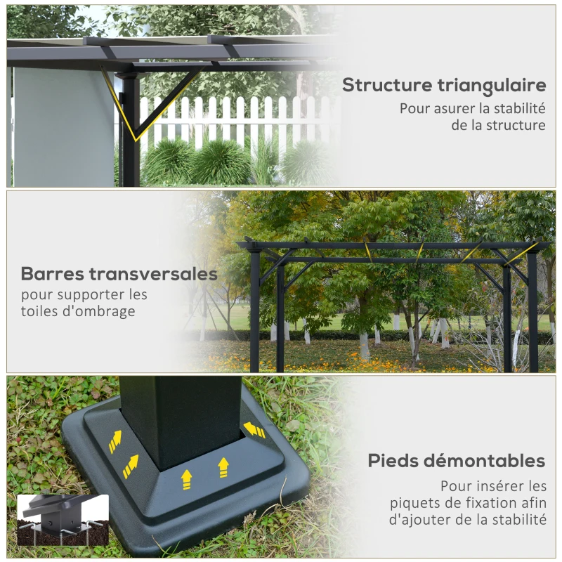 Outsunny Pergola rétractable 3L x 3l x 2H m structure métal époxy anticorrosion noir double toile polyester haute densité gris