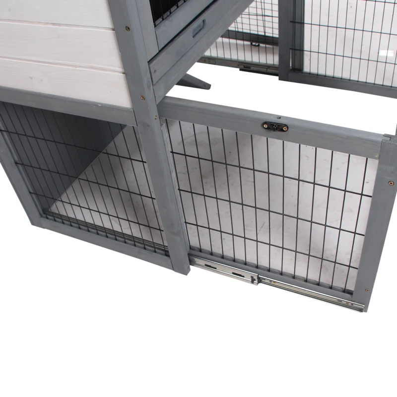 PawHut Conejera de Exterior Madera de 2 Niveles Jaula para Conejos Animales Pequeños con Techo Abatible Zona Abierto Telescópica Bandeja Extraíble y Rampa 101,5x90x100 cm Gris
