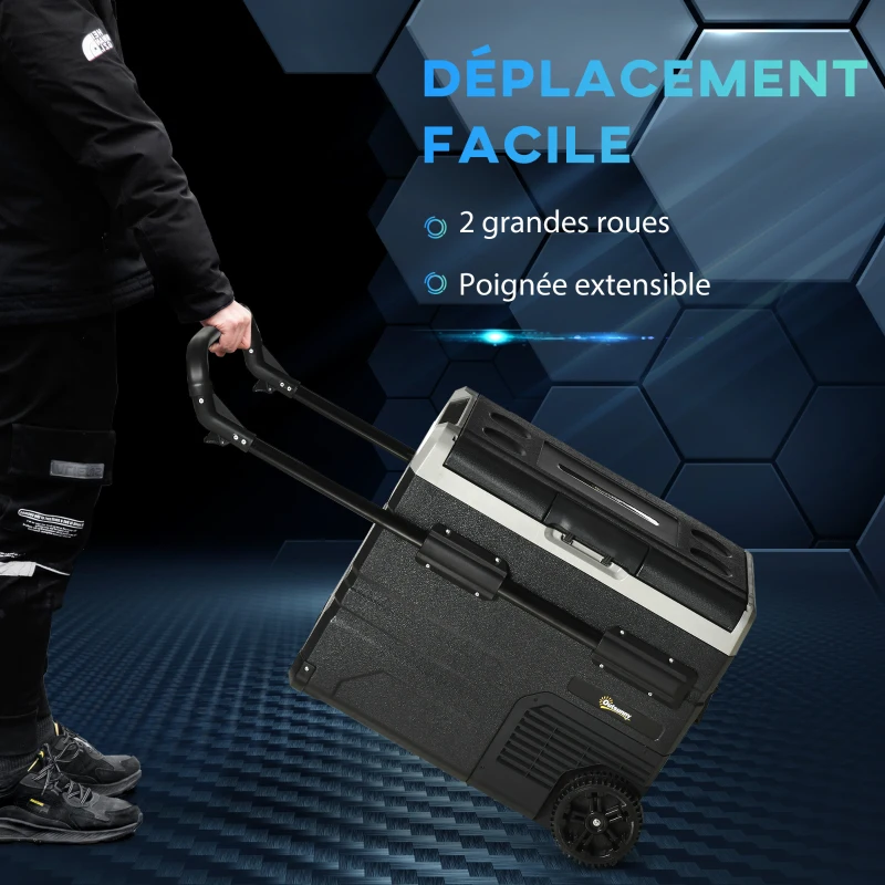 Outsunny Glacière électrique 50L portable, réfrigérateur congélateur avec lumière LED intérieure et poignées pliables - dim. 71,1L x 46l x 50,6H cm - noir et gris