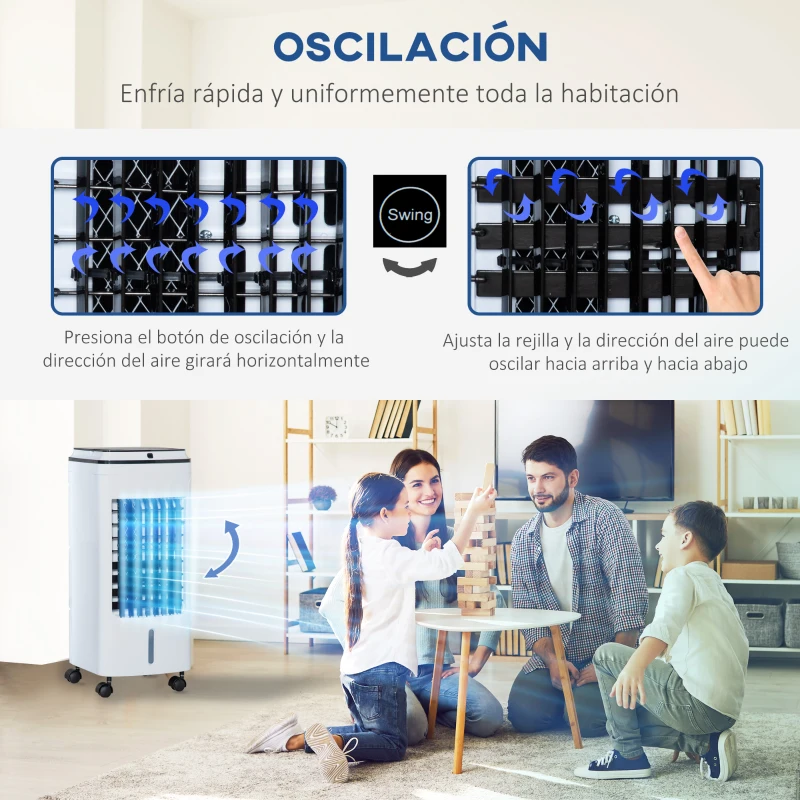 HOMCOM Enfriador de Aire con Ruedas 3 en1 Climatizador Humidificador con Depósito 4L Control Remoto 3 Modos 3 Velocidades Temporizador 7,5h y Pantalla LED Táctil 24,5x28x59 cm Blanco