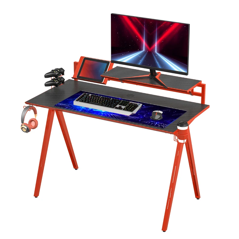 HOMCOM Gaming Desk Computer Table Gamer Workstation with Monitor Shelf, Gamepad Rack, Cup Holder, Headphone Hook, Cable Basket, Black Red