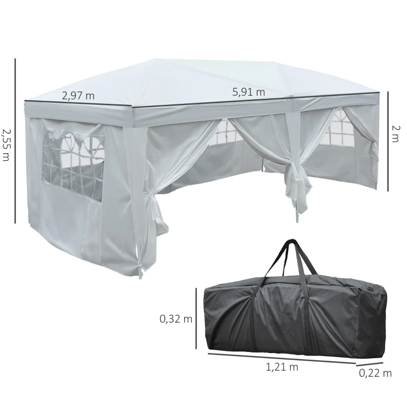 Outsunny 3 x 6 m opvouwbaar paviljoen paviljoen tent partytent tuintent wit raam opvouwbaar