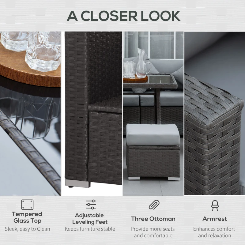 Outsunny 10PCs Garden Rattan Corner Dining Sofa Set 9-Seater Patio Furniture Set Glass Table Stools w/ Cushions & Pillow