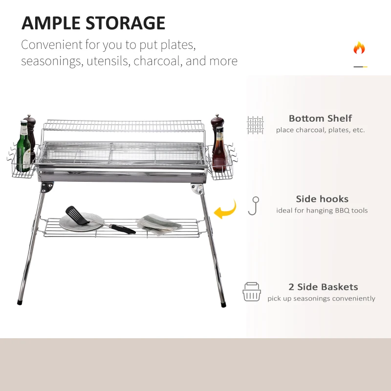 OutSunny Gratar in otel inoxidabil cu Picioare Pliabile, 2 grile 100 x 43 x 68 cm