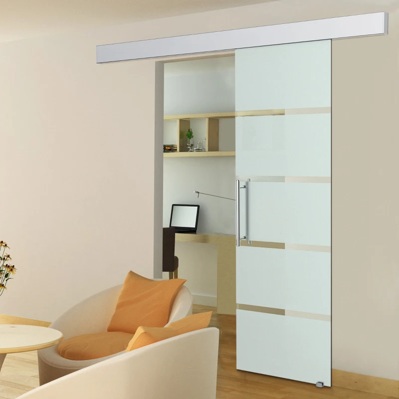 Szklane drzwi przesuwne HOMCOM drzwi przesuwne drzwi do pokoju z uchwytem drążkowym jednostronnie satynowane w pasy 2050x775 mm