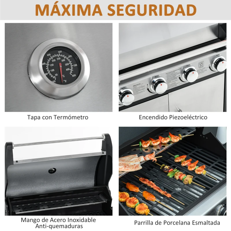 Outsunny Barbacoa de Gas con Ruedas Parrilla con 4+1 Quemadores 3 KW y Mesa Lateral Armario de Almacenaje Acero Inoxidable BBQ 128x50x113 cm Negro Plateado