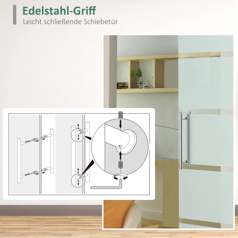 HOMCOM glazen schuifdeur schuifdeur deur kamerdeur met handgreep eenzijdig gesatineerd met stroken 2050 x 775 mm
