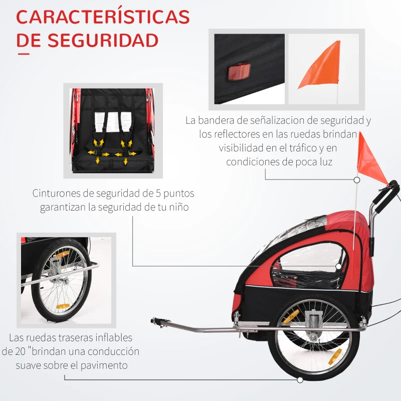 HOMCOM Remolque de Bicicleta para Niños de 2 Plazas con Amortiguadores para Correr con Barra y Kit de Footing 142x85x105cm Rojo