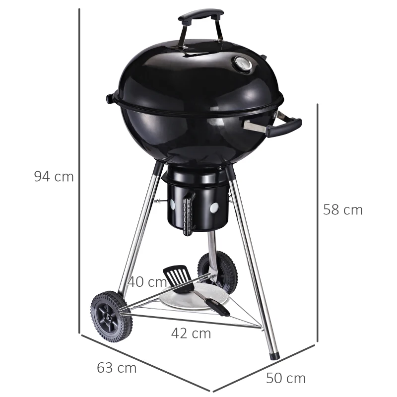 OutSunny Gratar Portabil din fonta cu 2 roti, 2 grile, Capac si Termometru 50x63x94cm
