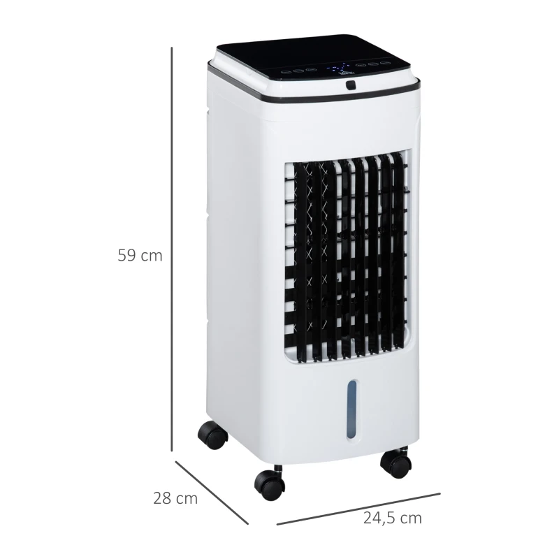HOMCOM Enfriador de Aire con Ruedas 3 en1 Climatizador Humidificador con Depósito 4L Control Remoto 3 Modos 3 Velocidades Temporizador 7,5h y Pantalla LED Táctil 24,5x28x59 cm Blanco