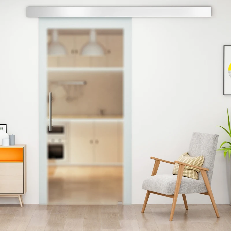 Szklane drzwi przesuwne HOMCOM drzwi przesuwne drzwi do pokoju z uchwytem drążkowym jednostronnie satynowane 2050x775 mm