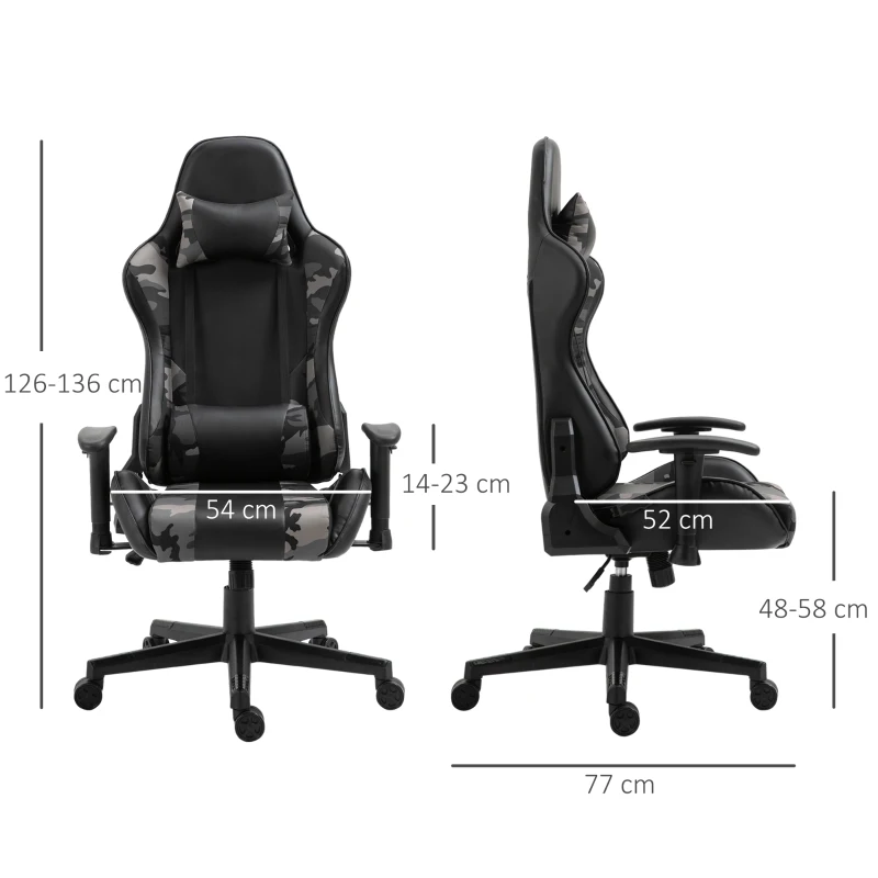 Vinsetto Silla Gaming Ergonómica Silla de Escritorio de Oficina de Cuero Sintético Reclinable con Altura Ajustable Reposabrazos Regulable y Cojines 72x77x126-136 cm Negro y Camuflaje
