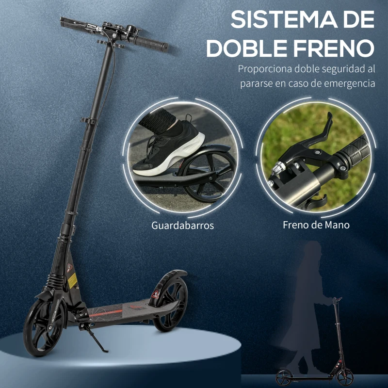 HOMCOM Patinete Plegable para Adultos y Niños de +14 Años Scooter Ligero con Manillar Altura Ajustable Grandes Ruedas Ø200 mm y Freno Aluminio 94x38x90-104 cm Negro