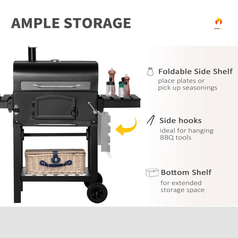 Outsunny Charcoal Grill BBQ Trolley with Adjustable Charcoal Height, Garden Smoker Barbecue with Folding Shelves, Thermometer on Lid, Bottle Opener, and Wheels