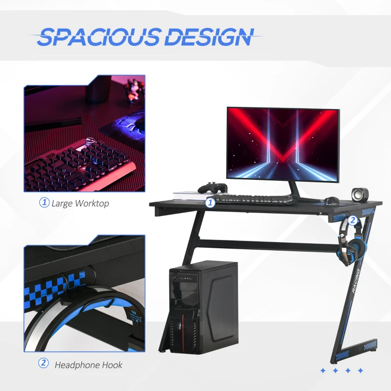 HOMCOM Gaming Desk Computer Home Office Rectangle Gamer Table Workstation Metal Frame with Headphone Hook 1m, Black