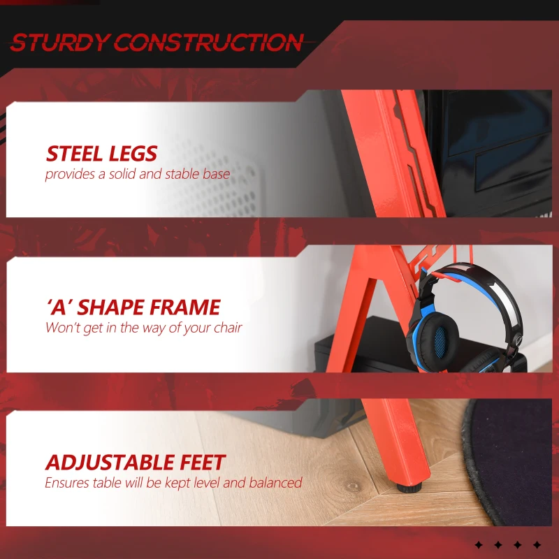 HOMCOM Gaming Desk Computer Table Gamer Workstation with Monitor Shelf, Gamepad Rack, Cup Holder, Headphone Hook, Cable Basket, Black Red