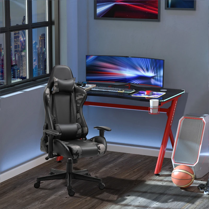 Vinsetto Silla Gaming Ergonómica Silla de Escritorio de Oficina de Cuero Sintético Reclinable con Altura Ajustable Reposabrazos Regulable y Cojines 72x77x126-136 cm Negro y Camuflaje