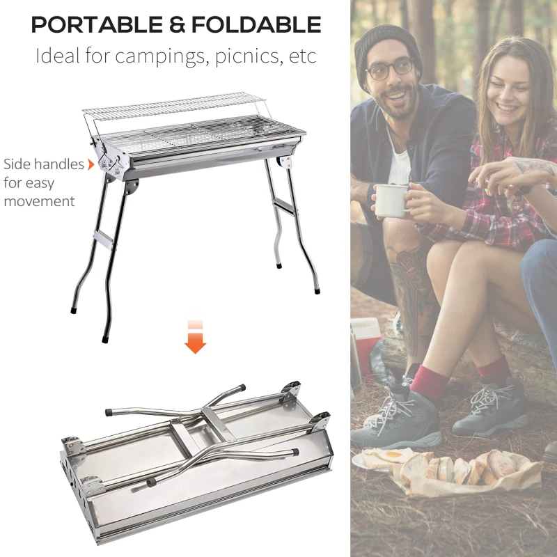 OutSunny Gratar in otel inoxidabil cu Picioare Pliabile, 2 grile 100 x 43 x 68 cm