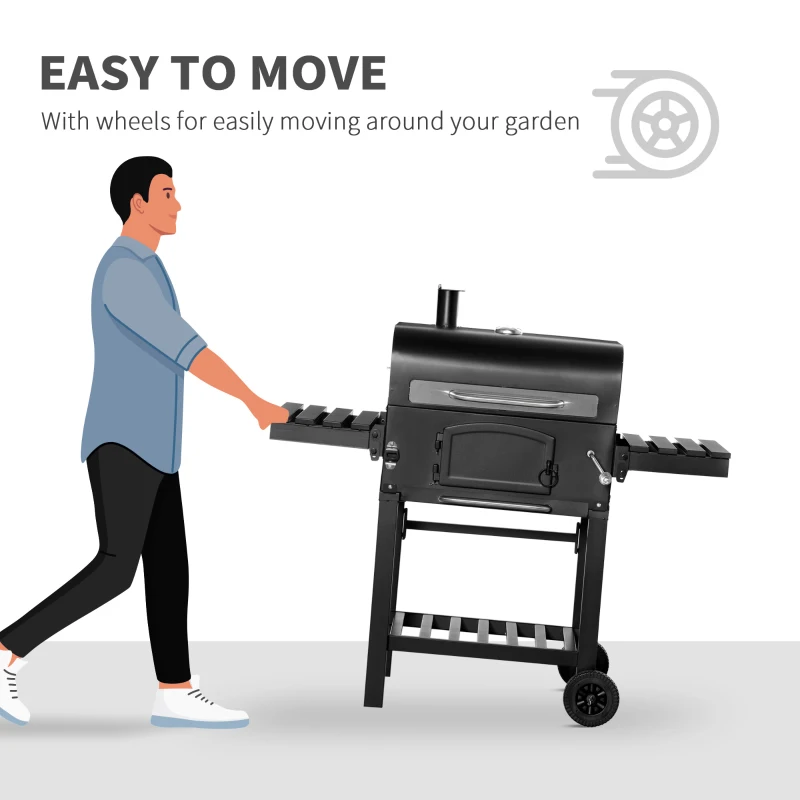 Outsunny Charcoal Grill BBQ Trolley with Adjustable Charcoal Height, Garden Smoker Barbecue with Folding Shelves, Thermometer on Lid, Bottle Opener, and Wheels