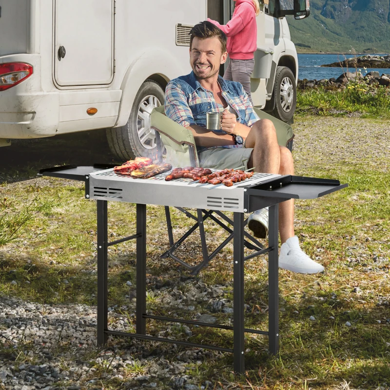 Outsunny Grill BBQ rotisor pe carbuni, rotisor pentru pui sau curcan cu gratar pe 3 niveluri si rafturi laterale pliabile, Otel inoxidabil