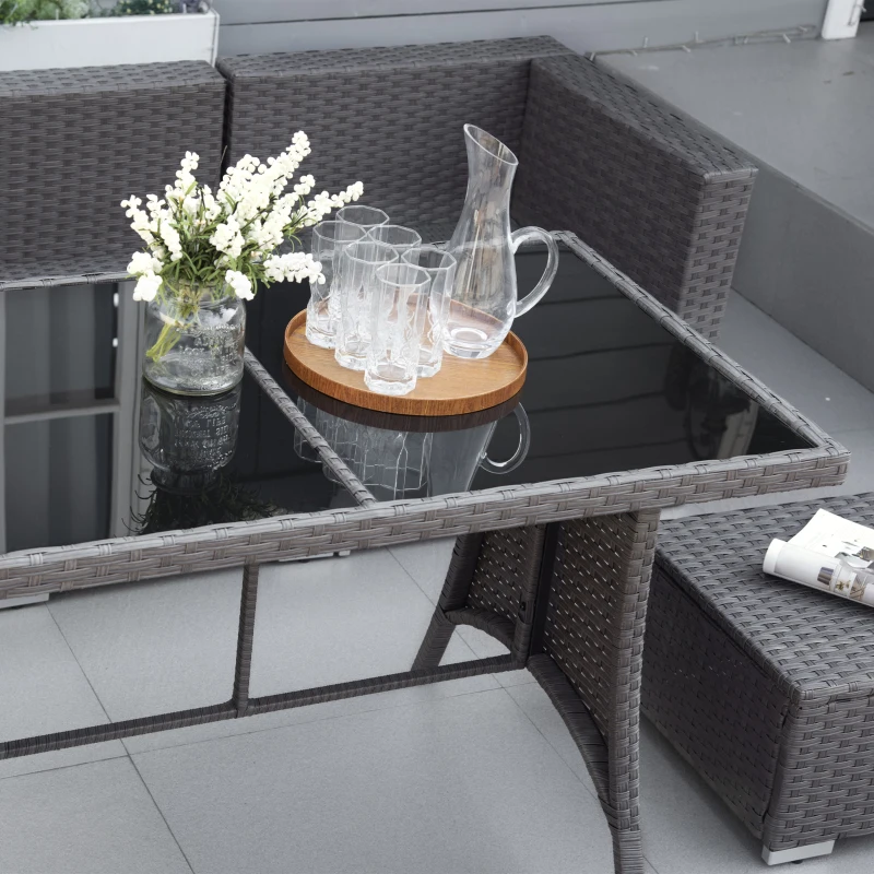 Outsunny 10PCs Garden Rattan Corner Dining Sofa Set 9-Seater Patio Furniture Set Glass Table Stools w/ Cushions & Pillow