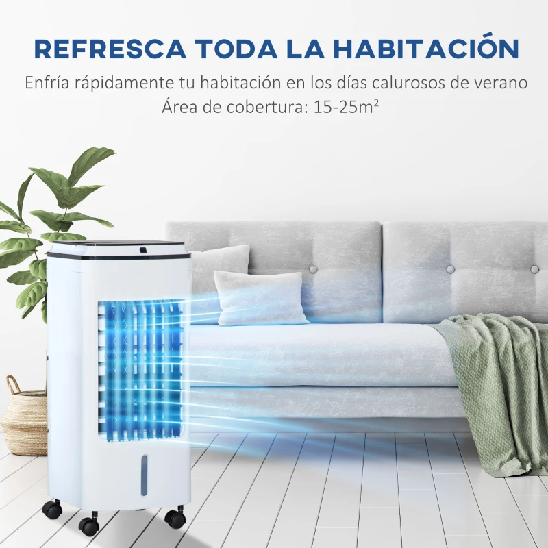 HOMCOM Enfriador de Aire con Ruedas 3 en1 Climatizador Humidificador con Depósito 4L Control Remoto 3 Modos 3 Velocidades Temporizador 7,5h y Pantalla LED Táctil 24,5x28x59 cm Blanco