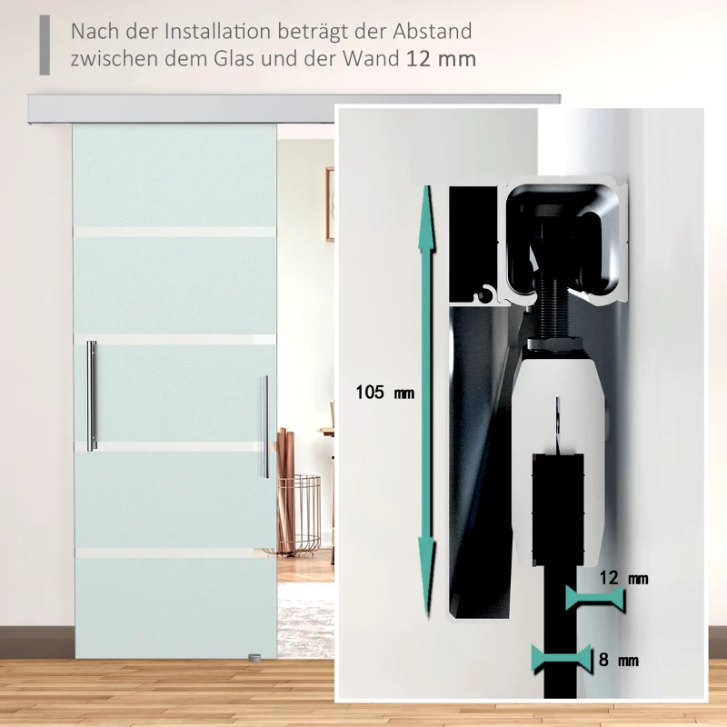 HOMCOM glazen schuifdeur schuifdeur deur kamerdeur met handgreep eenzijdig gesatineerd met stroken 2050 x 775 mm