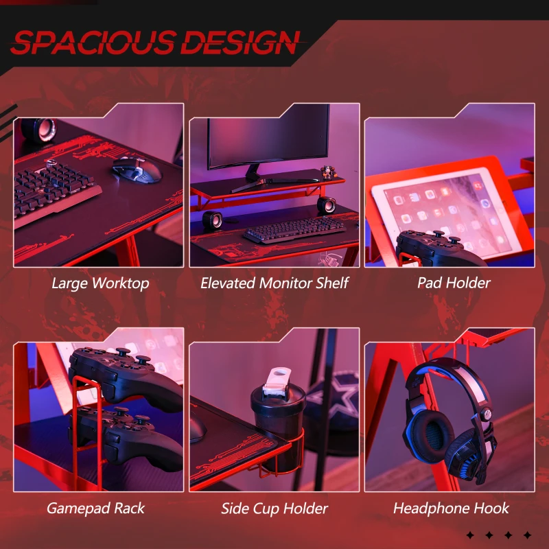 HOMCOM Gaming Desk Computer Table Gamer Workstation with Monitor Shelf, Gamepad Rack, Cup Holder, Headphone Hook, Cable Basket, Black Red