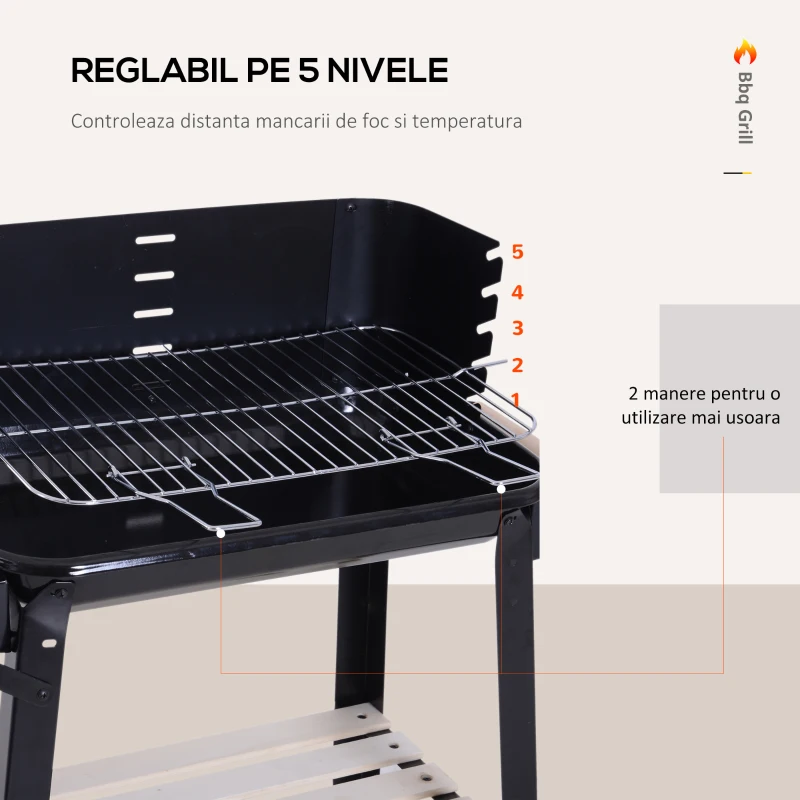 Outsunny Gril cu Carbune Barbecue Picnic Inaltime Reglabila Negru 87x 45 x 83 cm