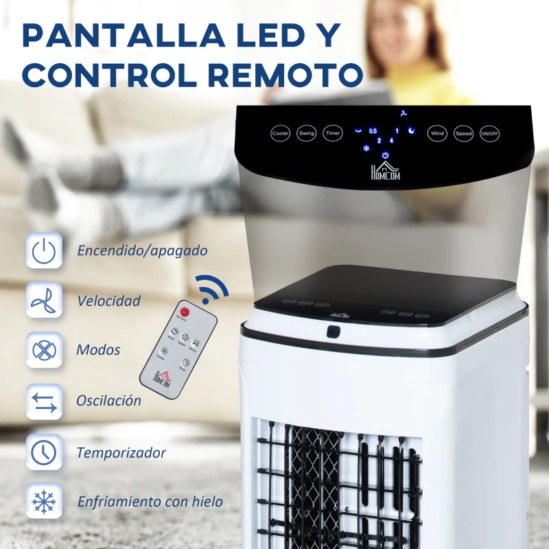 HOMCOM Enfriador de Aire con Ruedas 3 en1 Climatizador Humidificador con Depósito 4L Control Remoto 3 Modos 3 Velocidades Temporizador 7,5h y Pantalla LED Táctil 24,5x28x59 cm Blanco