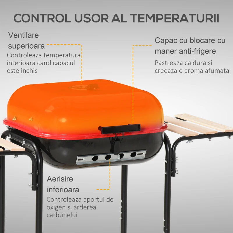 Outsunny Barbecue pe Carbune cu Capac si Roti in Otel Rosu Negru