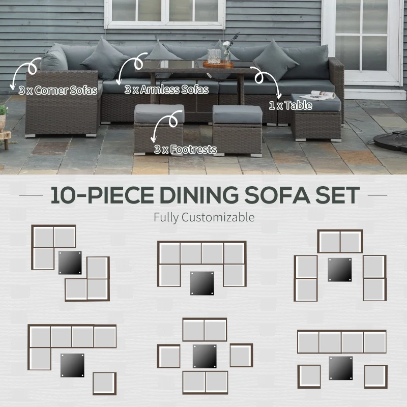 Outsunny 10PCs Garden Rattan Corner Dining Sofa Set 9-Seater Patio Furniture Set Glass Table Stools w/ Cushions & Pillow