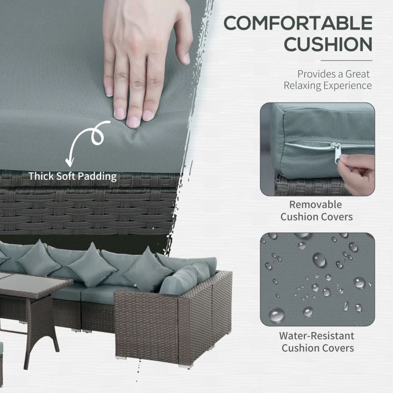 Outsunny 10PCs Garden Rattan Corner Dining Sofa Set 9-Seater Patio Furniture Set Glass Table Stools w/ Cushions & Pillow