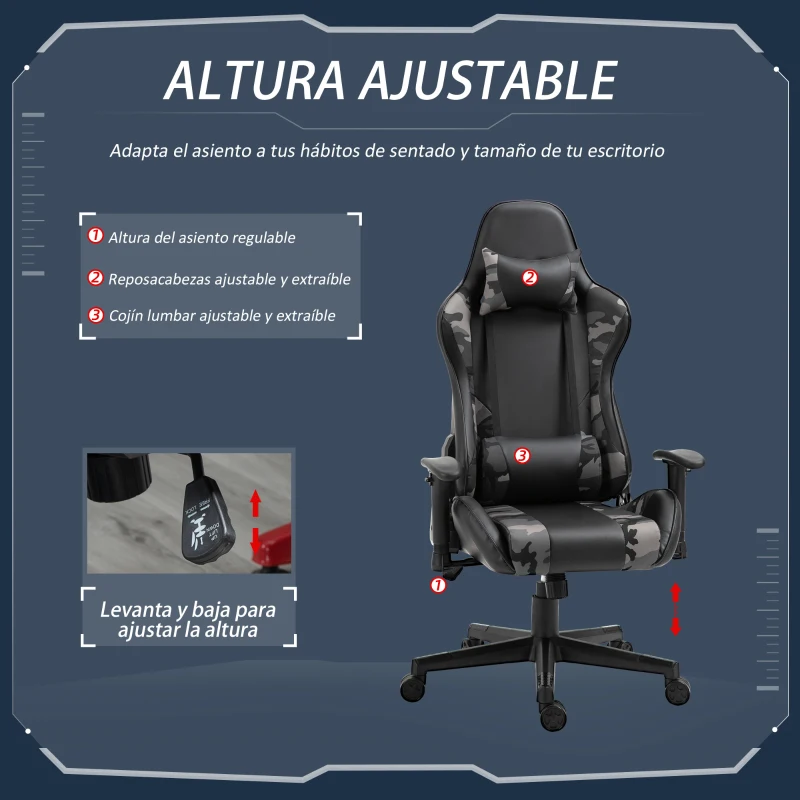 Vinsetto Silla Gaming Ergonómica Silla de Escritorio de Oficina de Cuero Sintético Reclinable con Altura Ajustable Reposabrazos Regulable y Cojines 72x77x126-136 cm Negro y Camuflaje