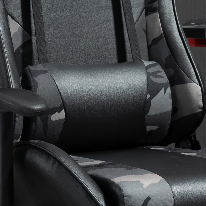 Vinsetto Silla Gaming Ergonómica Silla de Escritorio de Oficina de Cuero Sintético Reclinable con Altura Ajustable Reposabrazos Regulable y Cojines 72x77x126-136 cm Negro y Camuflaje