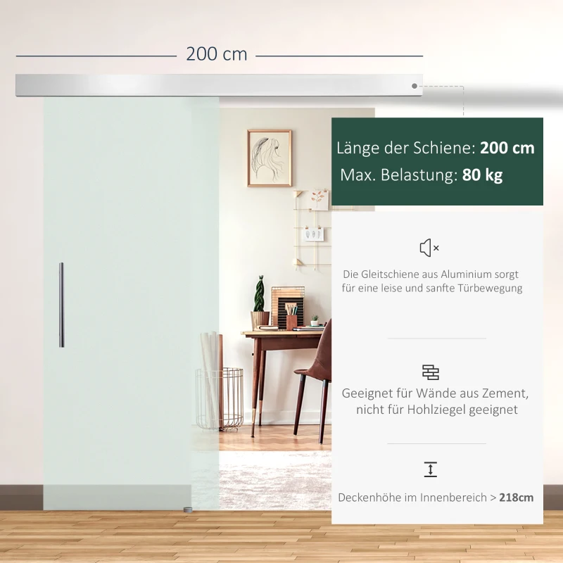 Szklane drzwi przesuwne HOMCOM drzwi przesuwne drzwi do pokoju z uchwytem drążkowym jednostronnie satynowane 2050x775 mm