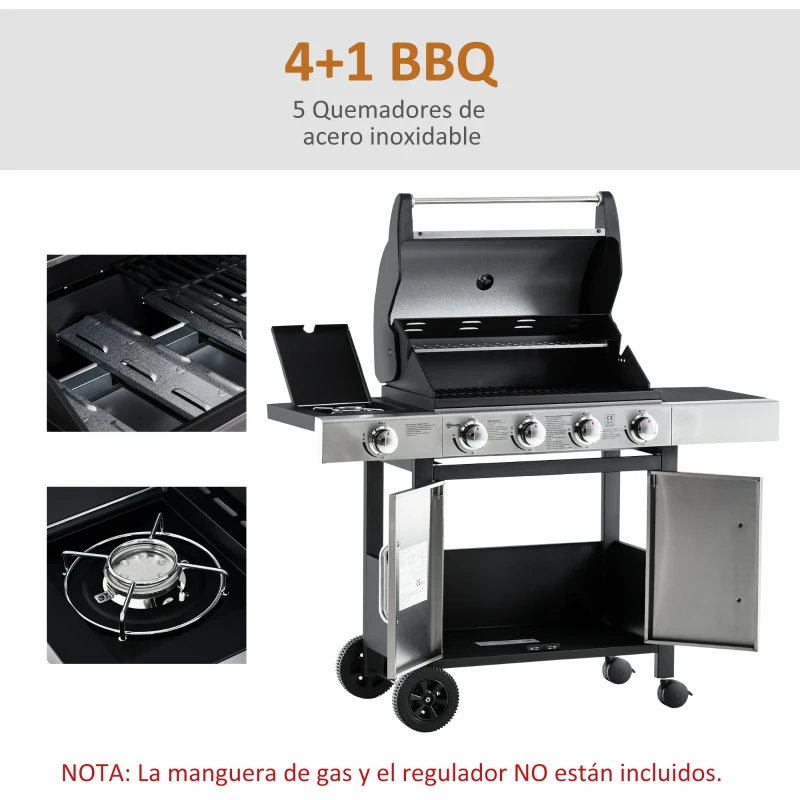 Outsunny Barbacoa de Gas con Ruedas Parrilla con 4+1 Quemadores 3 KW y Mesa Lateral Armario de Almacenaje Acero Inoxidable BBQ 128x50x113 cm Negro Plateado